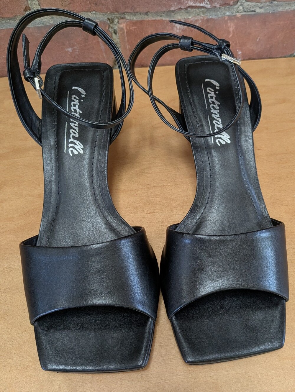 L'Intervalle Square Toe Black Leather Ankle-Strap Sandals